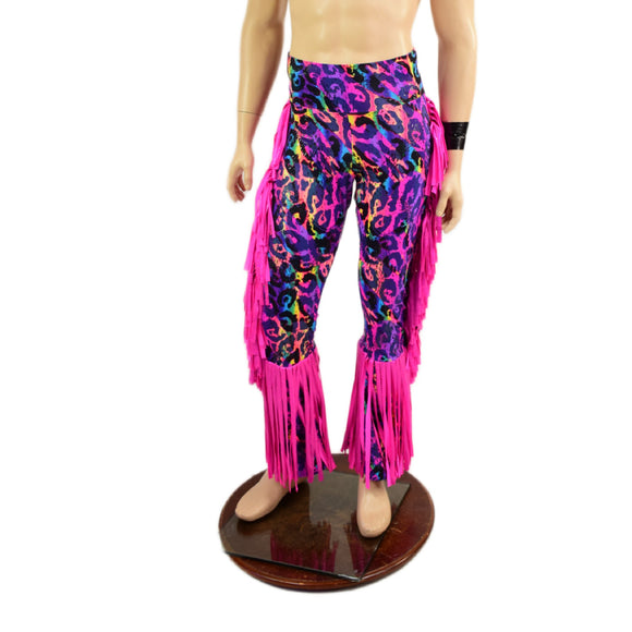Rainbow Leopard Mens Bootcut Macho Pants with Gladiator Fringe