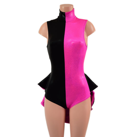 Backless Pink and Black Color Blocked Romper with Mini Tux Tails