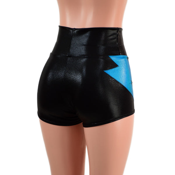 Black Metallic High Waist Shorts With Peacock Hip Bolts - 2