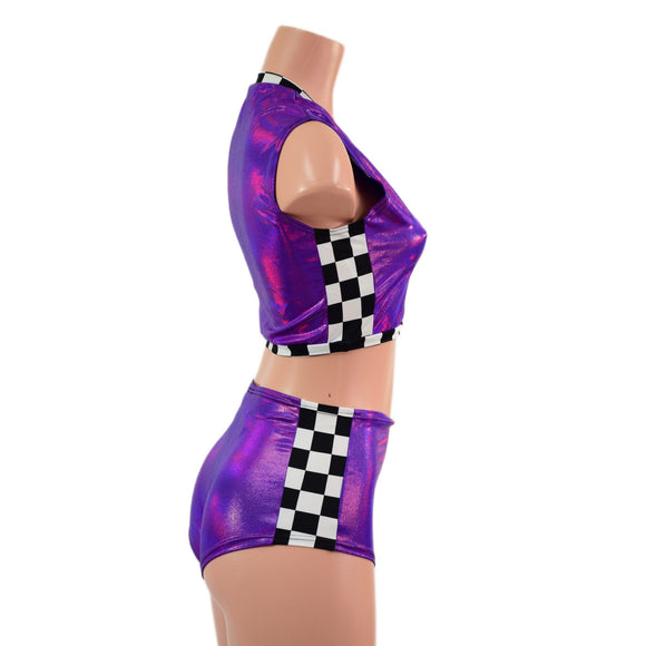 Checkered and Grape Holographic Mini V Neck Crop and Side Panel Siren Shorts Set