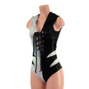 Color Split Laceup Romper with Plunging V neckline, Hood, and Hip Arcs - 6