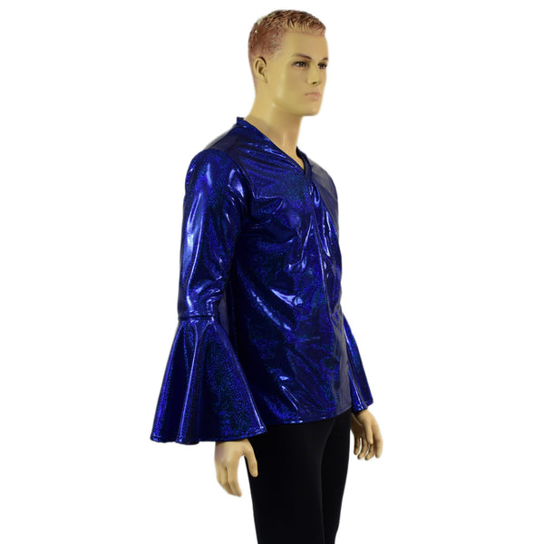 Mens Trumpet Sleeve V Neck Waterloo Shirt in Blue Sparkly Jewel - 3