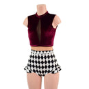 Burgundy Velvet, Diamonds, and Nude Mesh Romper with Inset Keyhole Neckline-4