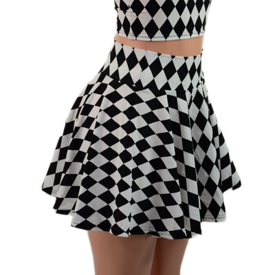 Black and White Diamond Print Circle Cut Mini Skirt