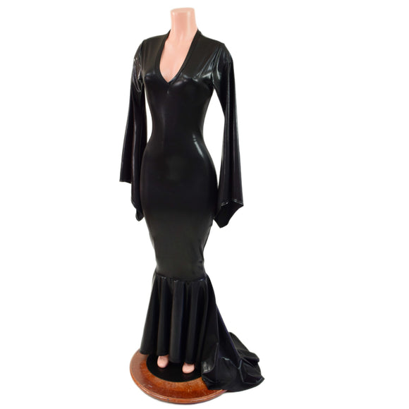 Black Mystique Metallic Morticia Puddle Train Gown with V Neck and Pointy Sleeves