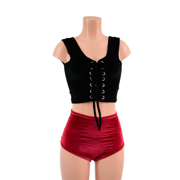 Black Velvet Laceup Crop Tank and Black Velvet High Waist Siren Shorts Set