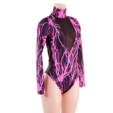 Neon Pink Lightning Romper with Black Mesh Inset Plunging V Neckline - Coquetry Clothing