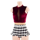 Burgundy Velvet, Diamonds, and Nude Mesh Romper with Inset Keyhole Neckline-5