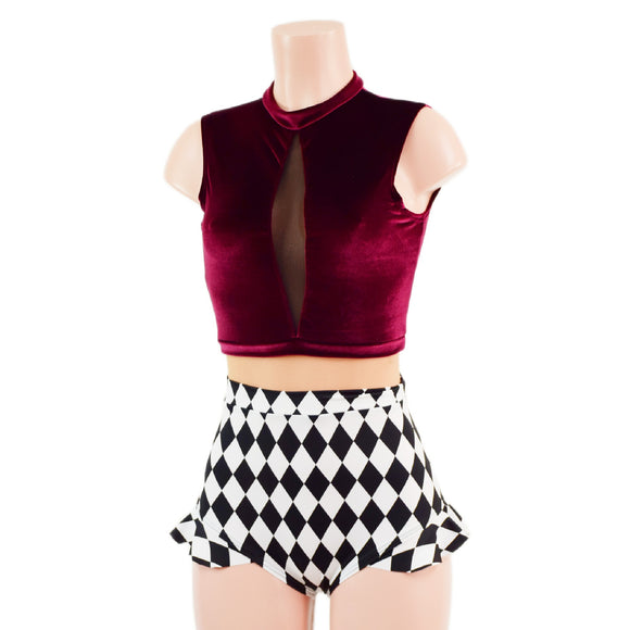 Burgundy Velvet, Diamonds, and Nude Mesh Romper with Inset Keyhole Neckline