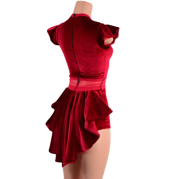 Red Velvet Romper with Inset Mesh Keyhole Neckline and Mini Tux Back Tails - Coquetry Clothing