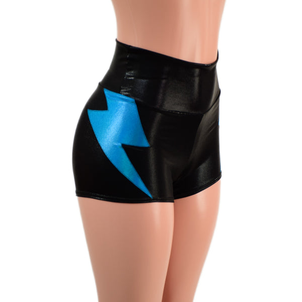 Black Metallic High Waist Shorts With Peacock Hip Bolts - 1