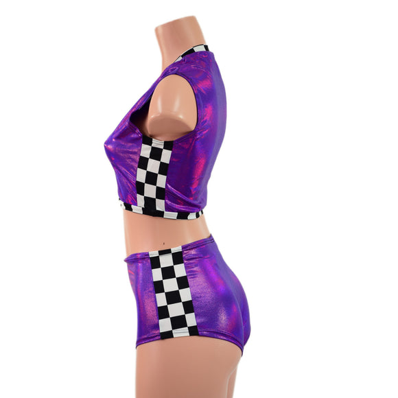 Checkered and Grape Holographic Mini V Neck Crop and Side Panel Siren Shorts Set