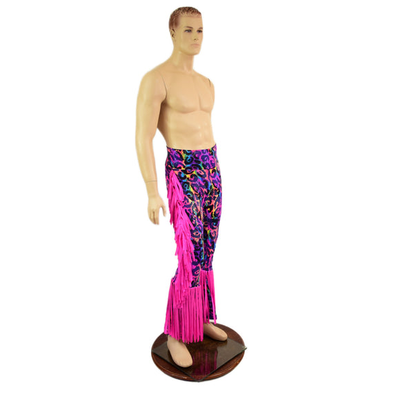 Rainbow Leopard Mens Bootcut Macho Pants with Gladiator Fringe