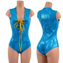 Turquoise Kaleidoscope Sleeveless Romper with Plunging Laceup Neckline-1