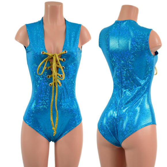 Turquoise Kaleidoscope Sleeveless Romper with Plunging Laceup Neckline