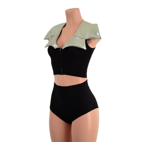 Zippered Crop Vest with Showtime Collar and Siren High Waist Shorts Set - Coquetry Clothing