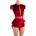 Red Velvet Romper with Inset Mesh Keyhole Neckline and Mini Tux Back Tails - 2