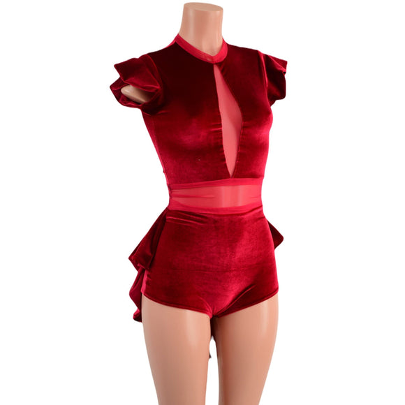Red Velvet Romper with Inset Mesh Keyhole Neckline and Mini Tux Back Tails - Coquetry Clothing