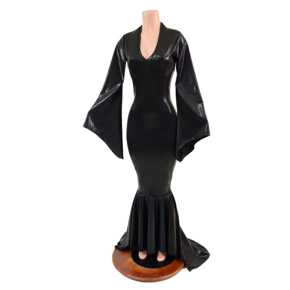 Black Mystique Metallic Morticia Puddle Train Gown with V Neck and Pointy Sleeves