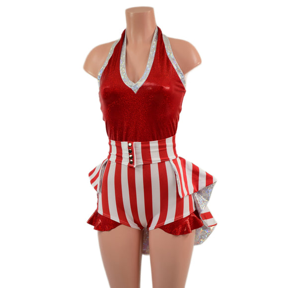 2PC Backless Bella Romper with V Neck and Hip Ruffles AND Mini Tux Back Belt Set