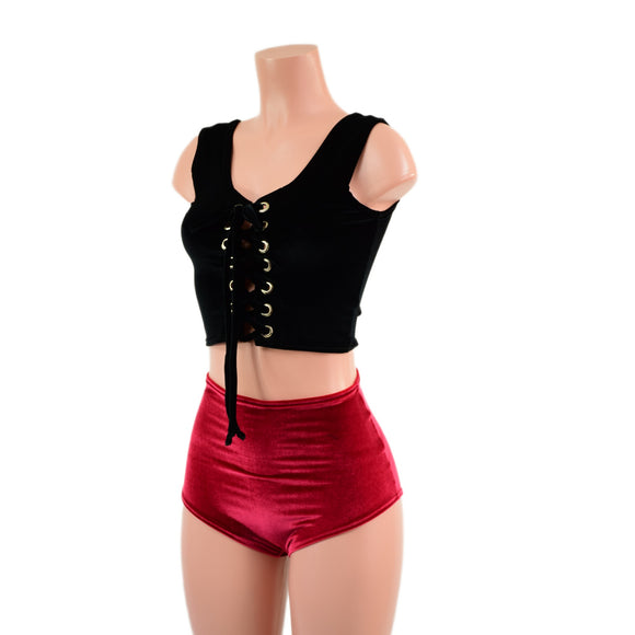Black Velvet Laceup Crop Tank and Black Velvet High Waist Siren Shorts Set
