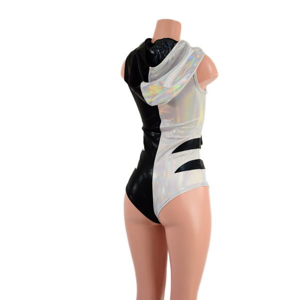 Color Split Laceup Romper with Plunging V neckline, Hood, and Hip Arcs - 4