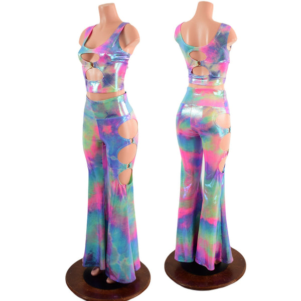 High Waist Solar Flares with Triple Cutouts and O-rings and Matching O-ring crop Tank Set - 1