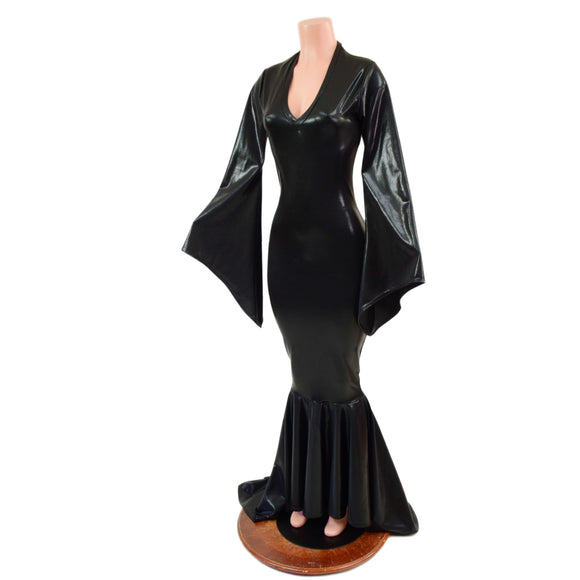 Black Mystique Metallic Morticia Puddle Train Gown with V Neck and Pointy Sleeves