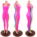 Retro Rainbow Striped Tank Style Catsuit in Neon Pink Sparkly Jewel-1