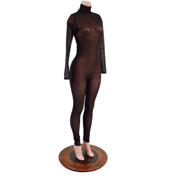 Black Mesh Sheer Turtleneck Catsuit