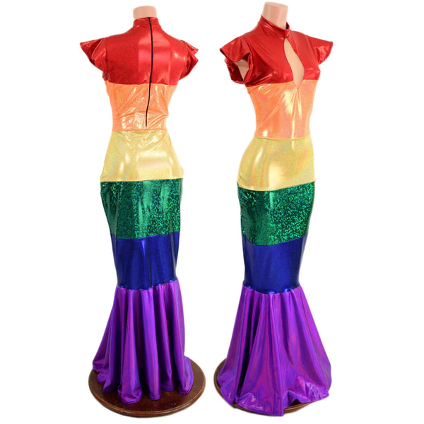 Color Blocked Rainbow Gown with Keyhole and Fishtail Hemline - 5