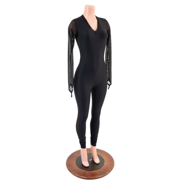 Long Sleeve, Mesh Side Panel Catsuit with Fingerloops