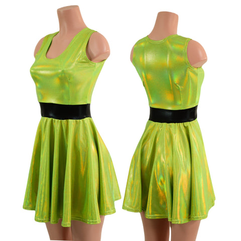 Neon Lime Holographic Tank Style Skater Dress - Coquetry Clothing