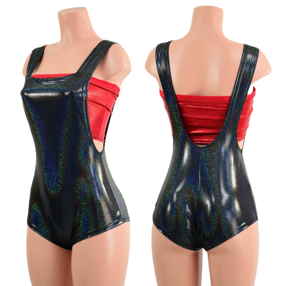 Black Holographic Suspender Overall Romper with Boy Cut Leg (top sold separately) - Coquetry Clothing