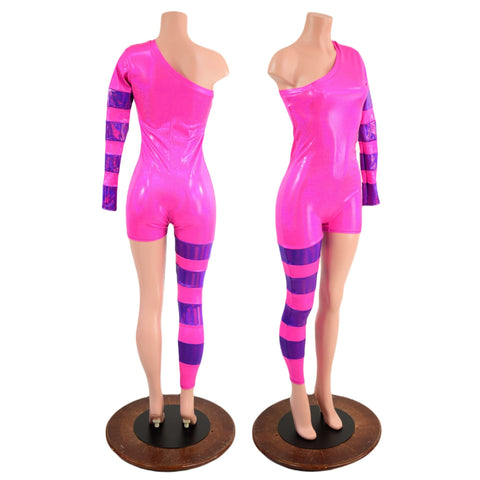 Pink Asymmetrical Catsuit with Grape Holographic Stripes - Coquetry Clothing