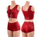 Coagulant Red Laceup Crop Tank and Midrise Shorts Set - 1