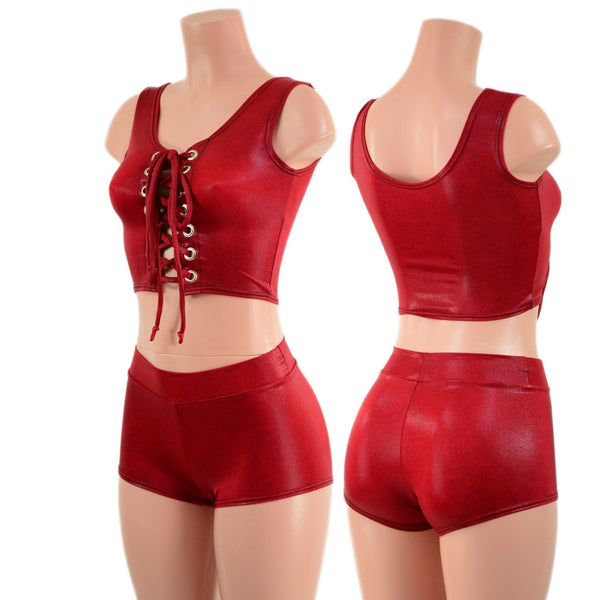 Coagulant Red Laceup Crop Tank and Midrise Shorts Set - 1