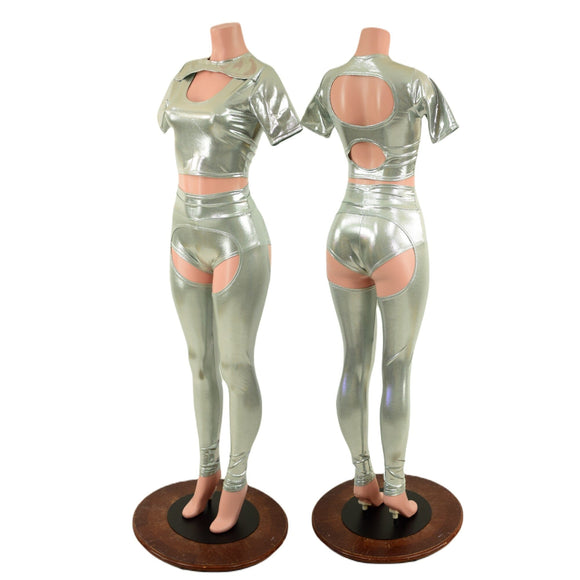 3PC Nirvana Top, Siren Shorts, and Midrise Chaps Set in Platinum - Coquetry Clothing