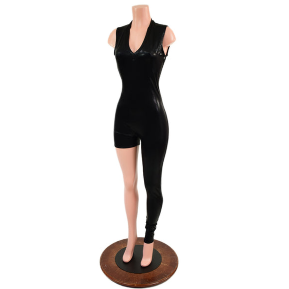 Asymmetrical Black Mystique Catsuit Set with Grape Holo Victoria Sleeve Bolero
