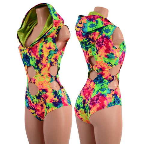 Neon Acid Splash Hooded O-Ring Romper with Siren Cut Leg - Coquetry Clothing