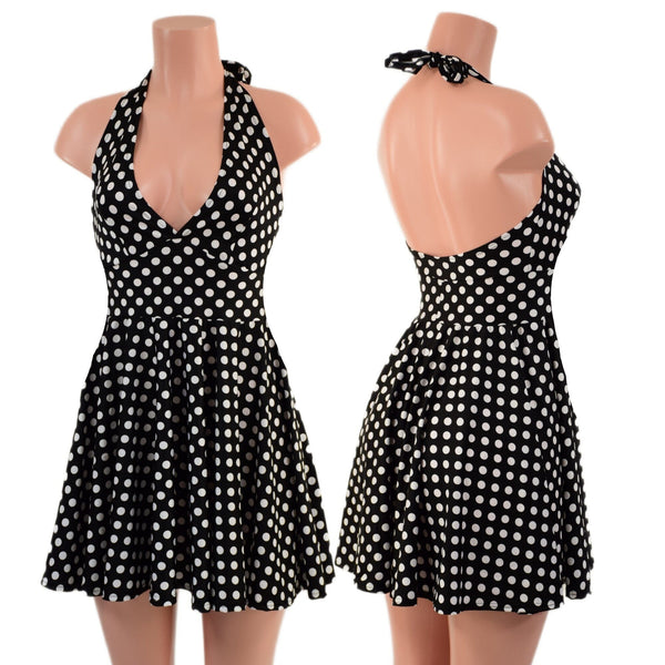 Black & White Polka Dot Halter Skater Dress - 1