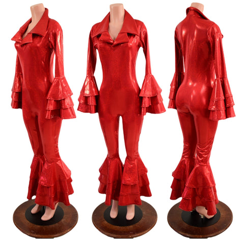 Dancing Queen Multi Tiered Bell Bottom Catsuit in Red Sparkly Jewel - Coquetry Clothing