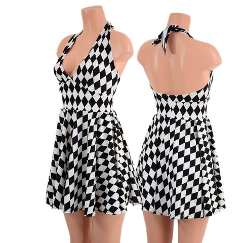 Black & White Diamond Print Halter Skater Dress - Coquetry Clothing