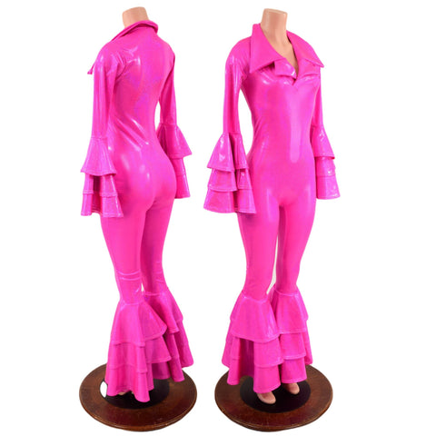 Dancing Queen Multi Tiered Bell Bottom Catsuit in Neon Pink Sparkly Jewel - Coquetry Clothing