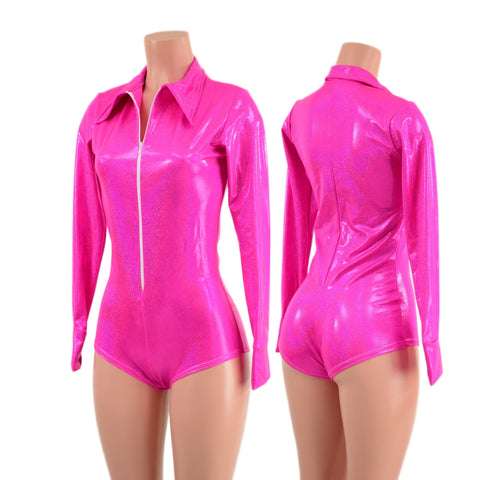 Neon Pink Sparkly Rodeo Romper with Snap Cuffs and Boy Cut Leg - Coquetry Clothing