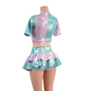 3PC Color Split Crop, Double Ruffle Mini Skirt, and Cheeky Booty Shorts Set - Coquetry Clothing