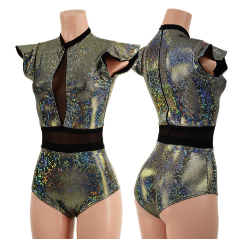 Silver Kaleidoscope Romper with Inset Mesh Keyhole Neckline - Coquetry Clothing