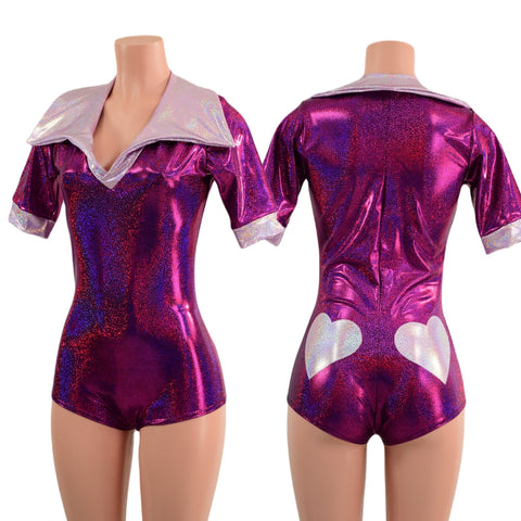 Fuchsia Sparkly Romper with Banded Tee Sleeves, Disco Collar, and Heart Applique - Coquetry Clothing