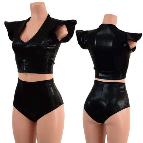 2PC Black Mystique Crop Top and Siren Shorts Set - Coquetry Clothing