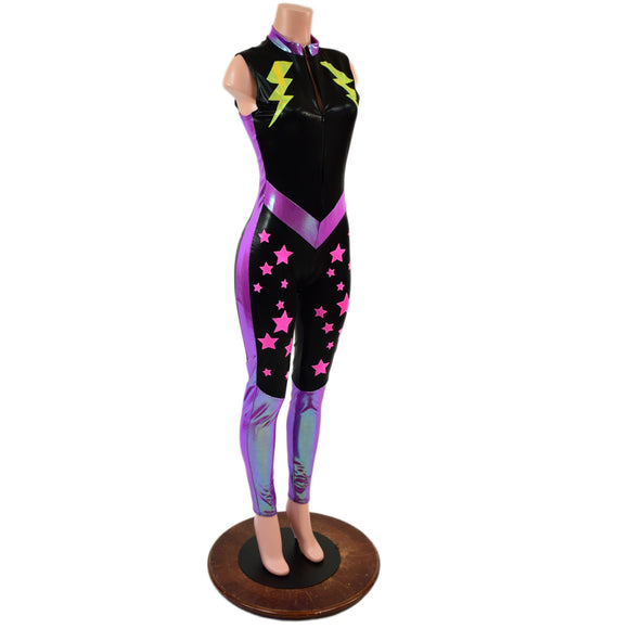 Bolts and Stars Zipper Front Color Blocked Catsuit